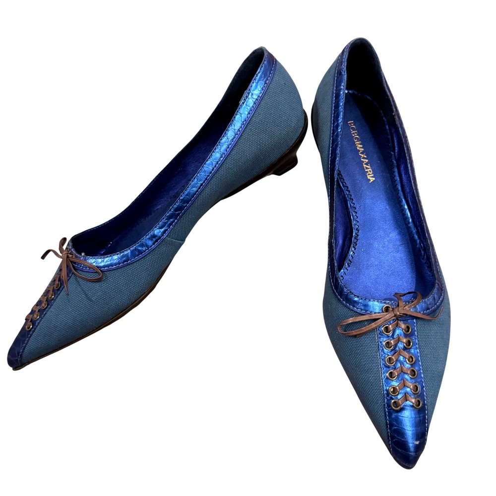 Y2K Blue Kitten Heels Corseted Pointed Toe Shoes Ballet BCBGMAXAZRIA Size 6/36